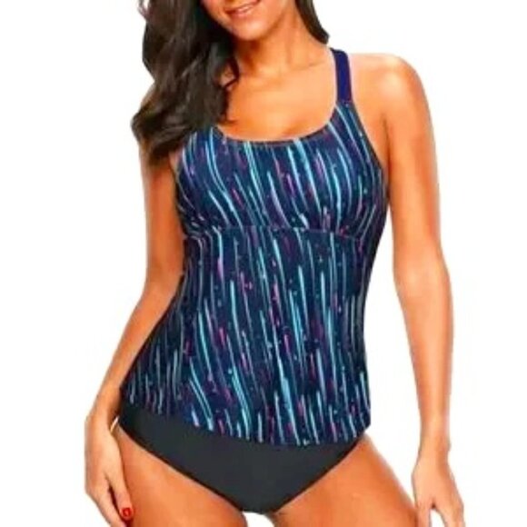 NAVY & PINK RACERBACK TANKINI SWIM TOP SIZE LARGE NWOT - Picture 1 of 8